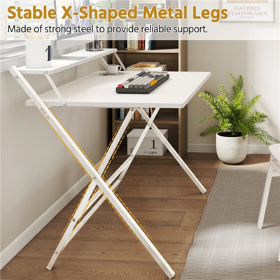 Yaheetech White 2 Tier Foldable Computer Desk with Monitor Shelf