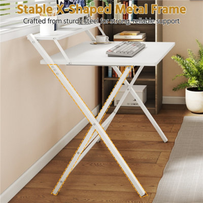 Yaheetech White 2 Tier Modern Foldable Computer Desk with Monitor Shelf