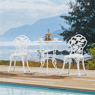 Lancaster Table & Seating 36" X 36" White Powder-Coated Aluminum Dining Height Outdoor Table With Umbrella Hole And 4 Arm Chairs