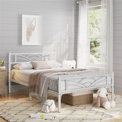 Yaheetech White 3ft Single Metal Bed Frame with Cloud-inspired Design Headboard