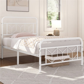 Yaheetech White 3ft Single Metal Bed Frame with Diamond Pattern Headboard and Footboard