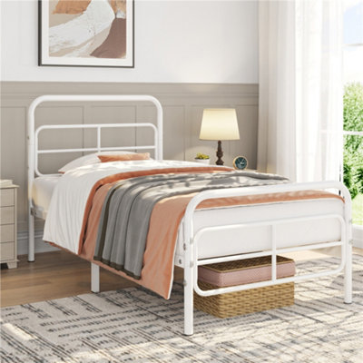 Yaheetech White 3ft Single Metal Bed Frame with Geometric Patterned Headboard and Footboard