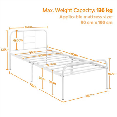 Yaheetech White 3ft Single Metal Bed Frame with High Headboard Strong Iron Platform Bed for Bedroom