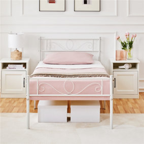 Yaheetech White 3ft Single Metal Bed Frame with Scroll Design Headboard and Footboard
