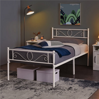 Yaheetech White 3ft Single Metal Bed Frame with Scroll Design Headboard and Footboard
