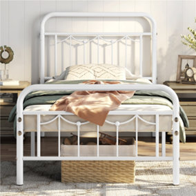 Yaheetech White 3ft Single Metal Bed Frame with Vintage Headboard and Footboard