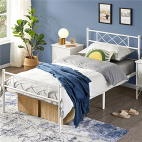 Yaheetech White 3ft Single Simple Metal Bed Frame with Cross-design Headboard & Footboard