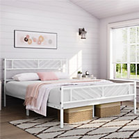 Yaheetech White 4ft6 Double Metal Bed Frame with Arrow Design Headboard and Footboard