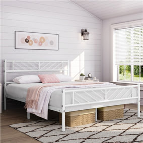 Yaheetech White 4ft6 Double Metal Bed Frame with Arrow Design Headboard and Footboard