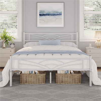 Yaheetech White 4ft6 Double Metal Bed Frame with Cloud-inspired Design Headboard
