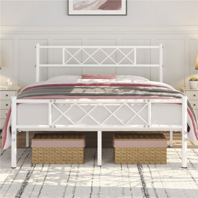 Yaheetech White 4ft6 Double Metal Bed Frame with Cross-design Headboard ...