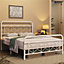 Yaheetech White 4ft6 Double Metal Bed Frame with Diamond Pattern Headboard and Footboard