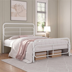 Yaheetech White 4ft6 Double Metal Bed Frame with Geometric Patterned Headboard and Footboard