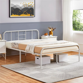 Yaheetech White 4ft6 Double Metal Bed Frame with High Headboard Strong Iron Platform Bed for Bedroom