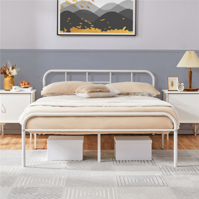 Yaheetech White 4ft6 Double Metal Bed Frame with High Headboard Strong Iron Platform Bed for Bedroom