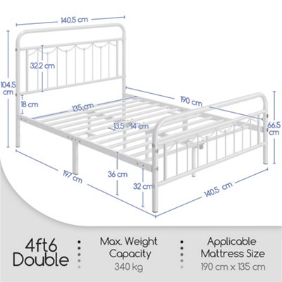 Yaheetech White 4ft6 Double Metal Bed Frame with Vintage Headboard and Footboard