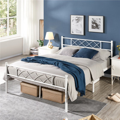 Yaheetech White 4ft6 Double Simple Metal Bed Frame with Cross-design Headboard & Footboard