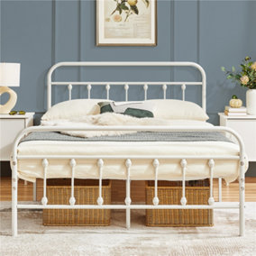 Yaheetech White 4ft6 Double Vintage Metal Bed Frame with High Headboard and Footboard