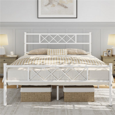 Yaheetech White 5ft King Metal Bed Frame with Cross-design Headboard & Footboard