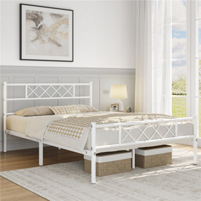 Yaheetech White 5ft King Metal Bed Frame with Cross-design Headboard & Footboard