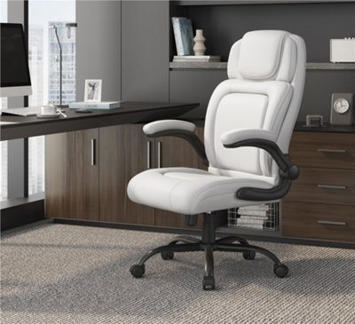 Yaheetech White Adjustable Faux Leather Office Chair with Flip-up Armrests and Adjustable Lumbar Support