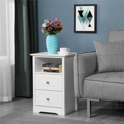 Yaheetech White Bedside Table with 2 Drawers and 1 Cubby (H)600mm (W)400mm (D)350mm