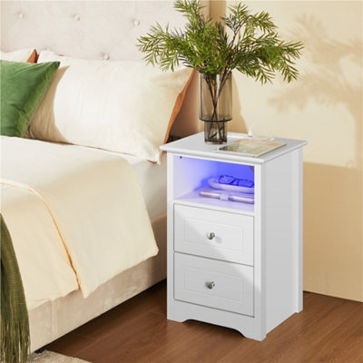 Yaheetech White Bedside Table with Charging Station and Adjustable LED Light Strip