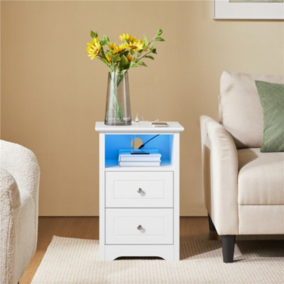 Yaheetech White Bedside Table with Charging Station and Adjustable LED Light Strip