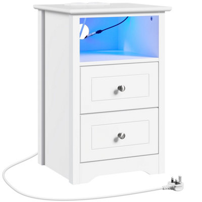 Yaheetech White Bedside Table with Charging Station and Adjustable LED Light Strip