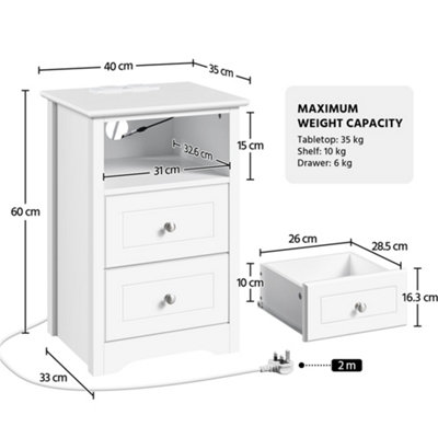 Yaheetech White Bedside Table with Charging Station and Adjustable LED Light Strip