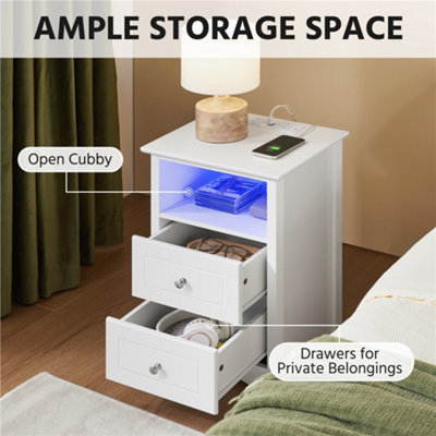 Yaheetech White Bedside Table with Charging Station and Adjustable LED Light Strip