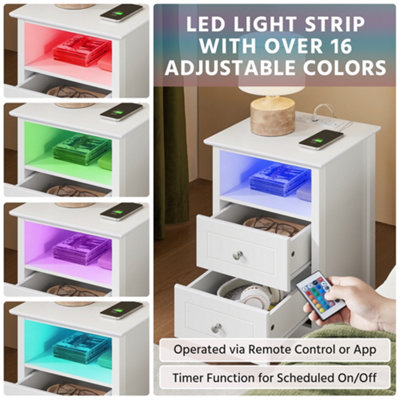 Yaheetech White Bedside Table with Charging Station and Adjustable LED Light Strip