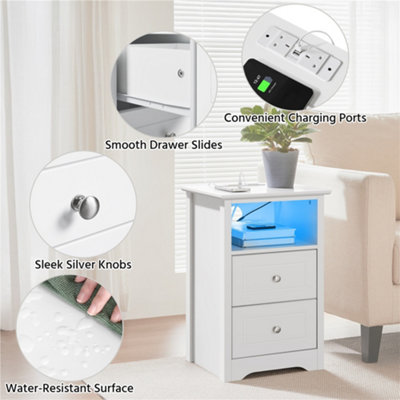 Yaheetech White Bedside Table with Charging Station and Adjustable LED Light Strip