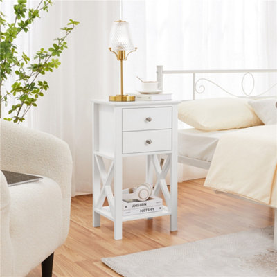 Yaheetech White Bedside Table X Shape Nightstand with 2 Drawers 1 Shelf