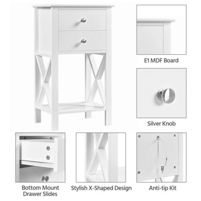 Yaheetech White Bedside Table X Shape Nightstand with 2 Drawers 1 Shelf