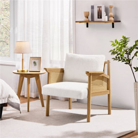 Yaheetech White Boucle Upholstered Accent Chair with Rattan Back and Sides