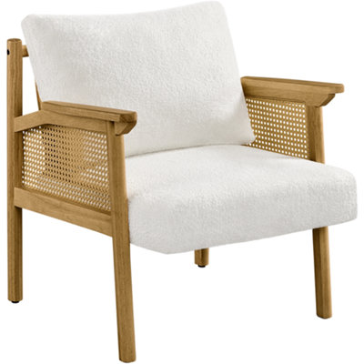 Yaheetech White Boucle Upholstered Accent Chair with Rattan Back and Sides