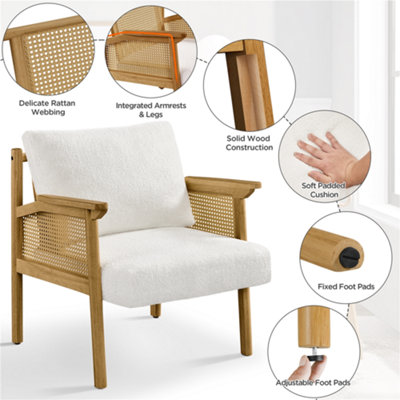 Yaheetech White Boucle Upholstered Accent Chair with Rattan Back and Sides