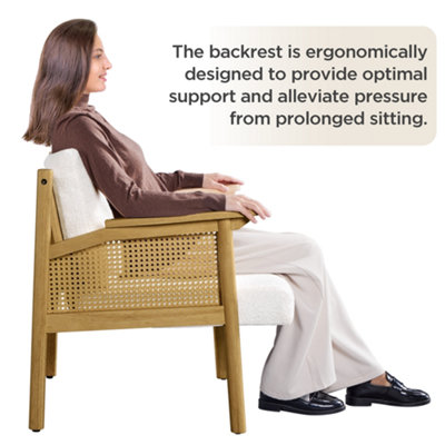 Yaheetech White Boucle Upholstered Accent Chair with Rattan Back and Sides