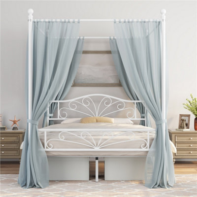 Yaheetech White Double Metal Canopy Bed Frame with Graceful Scroll