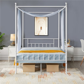 Yaheetech White Double Metal Canopy Bed Frame with Headboard and Footboard Sturdy Slatted Structure
