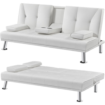 Yaheetech White Faux Leather Convertible Sofa Bed with Drop-down Cup Holders and Pillows