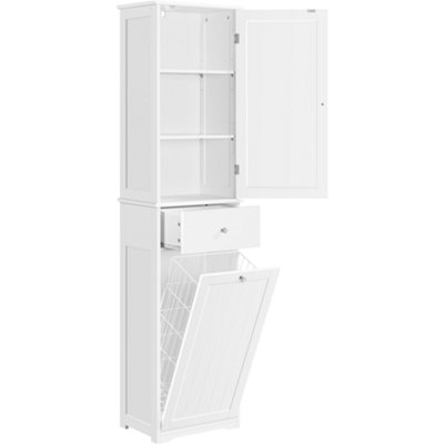 Yaheetech White Freestanding Bathroom Cabinet with Laundry Basket and Storage Shelves