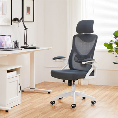 Yaheetech White/Grey High Back Mesh Office Chair with Headrest and Armrest