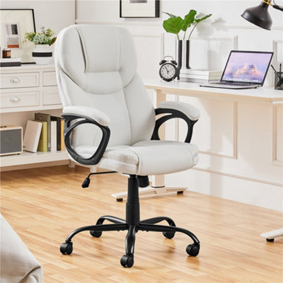 Yaheetech White Height-adjustable High-back Faux Leather Office Chair with Lumbar Support and Swivel Seat