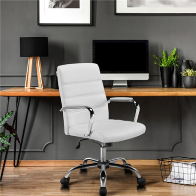 Yaheetech White Height Adjustable PU Leather Office Chair with Armrests