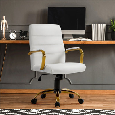 Yaheetech White Height Adjustable PU Leather Office Chair with Gold Frame and Wheels