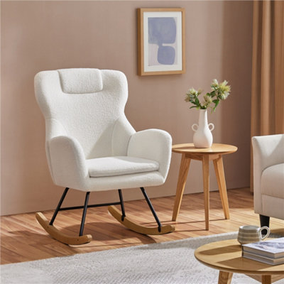 Yaheetech White High Back Boucle Upholstered Rocking Accent Chair with Beech Wood Legs
