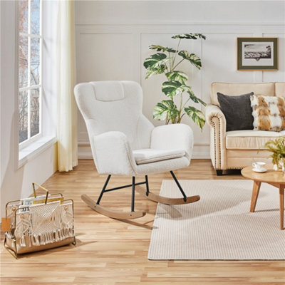 Yaheetech White High Back Boucle Upholstered Rocking Accent Chair with Beech Wood Legs