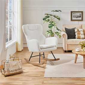 Yaheetech White High Back Boucle Upholstered Rocking Accent Chair with Beech Wood Legs
